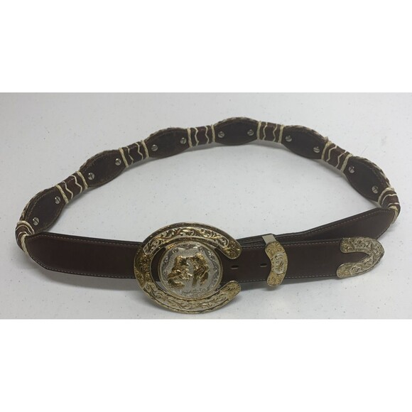 Vtg JUSTIN Concho Leather Western Rodeo Belt 34 Montana Silversmiths Buckle